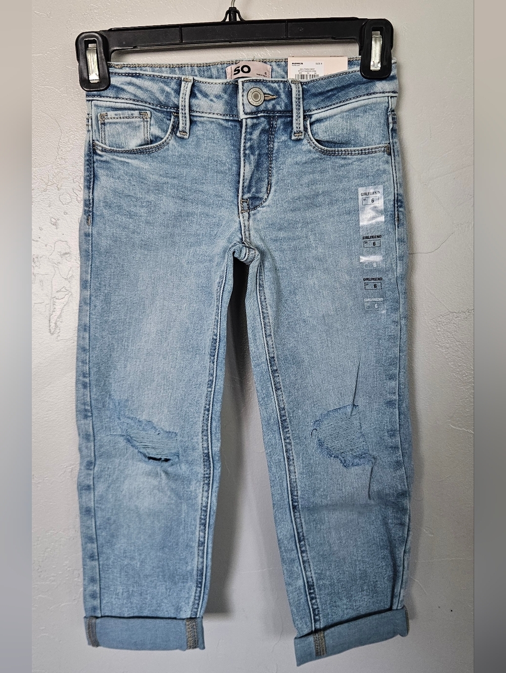 SO NWT Girls 6 Mid Rise Girlfriend Jeans Light Blue Distressed Denim Jeans Cuff